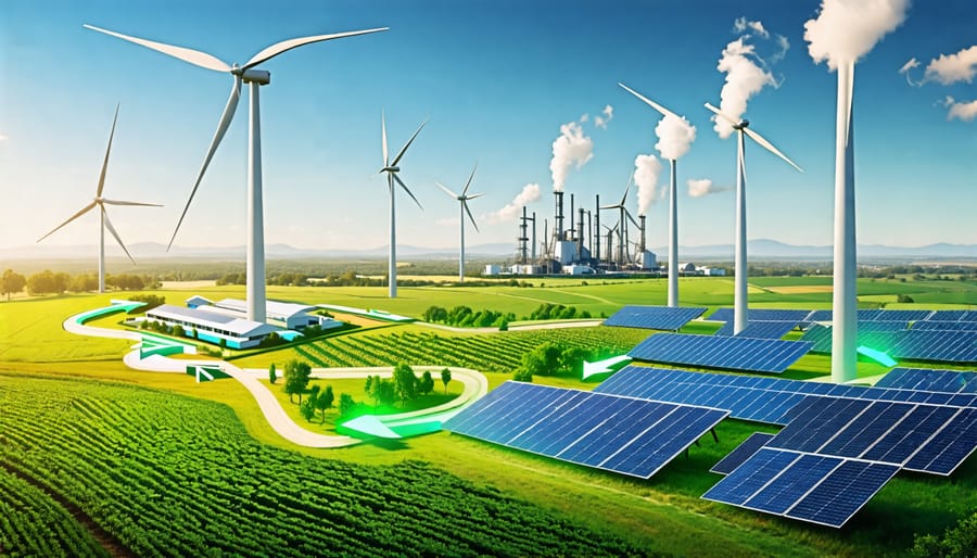 Conceptual illustration depicting Australia's sustainable biomass energy cycle, featuring fields of biomass crops, waste-to-energy facilities, and renewable energy elements like wind turbines and solar panels.