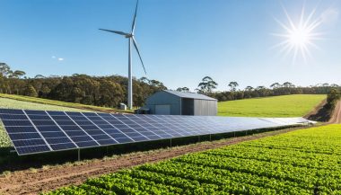 An Australian farm featuring solar panels over fields, a wind turbine, and a biogas digester, illustrating renewable energy in agriculture.