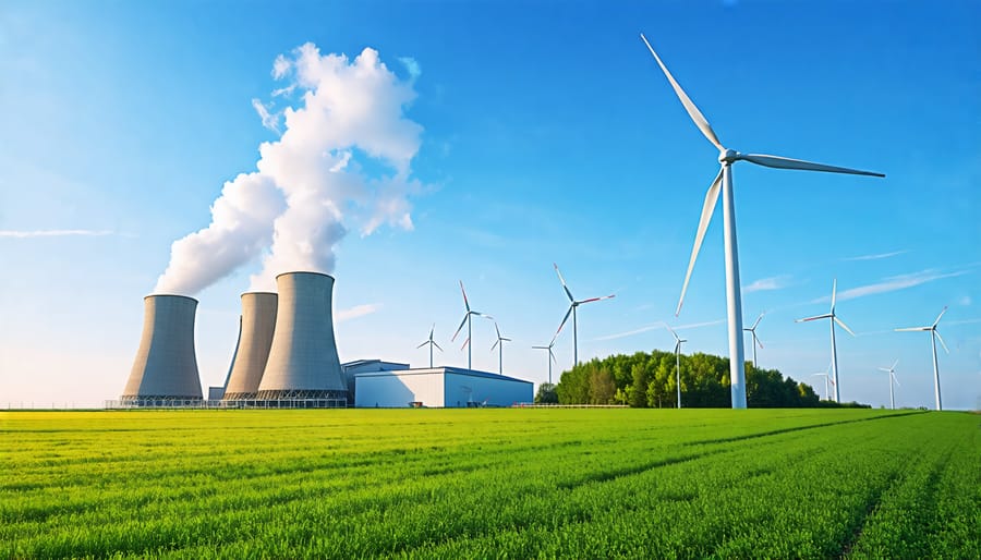 Bioenergy facility and wind turbines operating side-by-side, representing a balanced clean energy mix