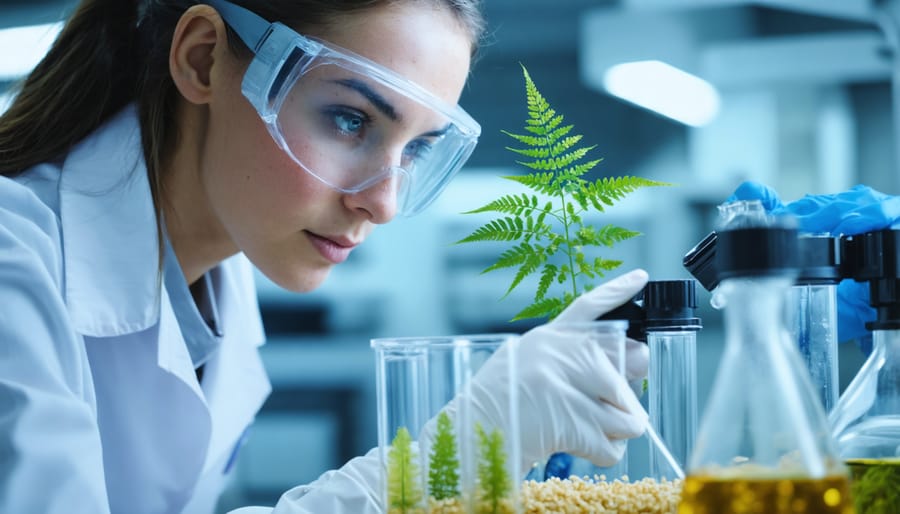 Bioenergy researcher analyzing biomass samples in a laboratory setting