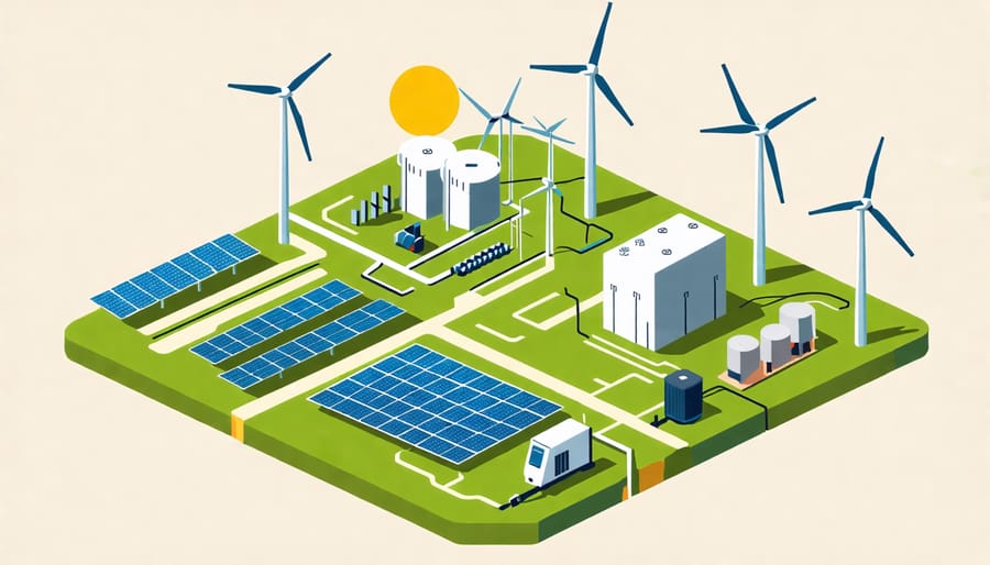 Schematic illustration of an integrated renewable power system combining intermittent and dispatchable clean energy sources