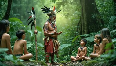 An indigenous elder sharing traditional ecological knowledge with younger generations in a natural setting, illustrating the cultural wisdom and environmental stewardship passed down through generations.