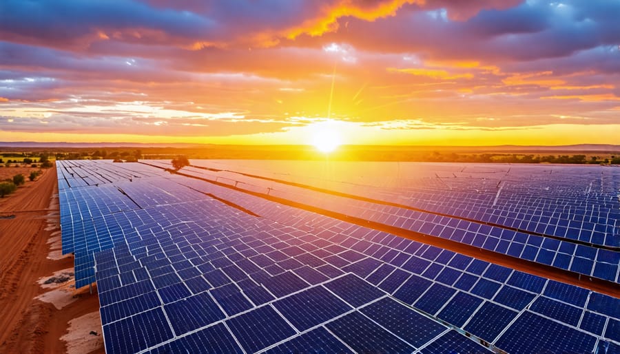 An expansive solar farm in the Australian outback, featuring rows of solar panels against a bright sky, symbolizing the transformation of Australia's energy landscape into a sustainable future.