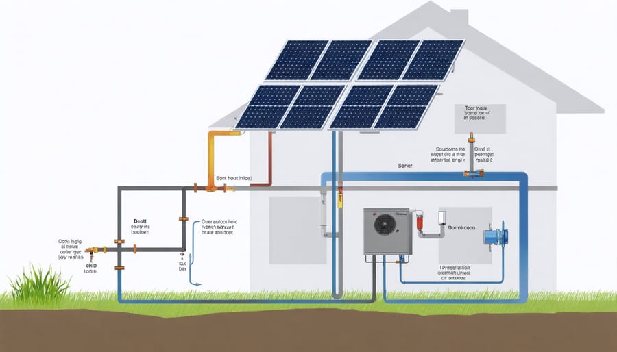 Illustration of a passive solar hot water system, including collector, storage tank, and distribution