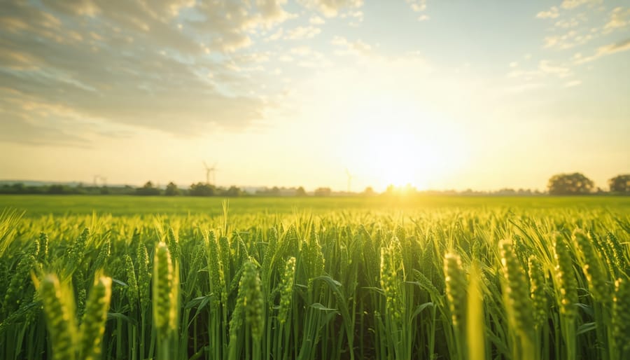 Renewable bioenergy crops growing in a field at sunset