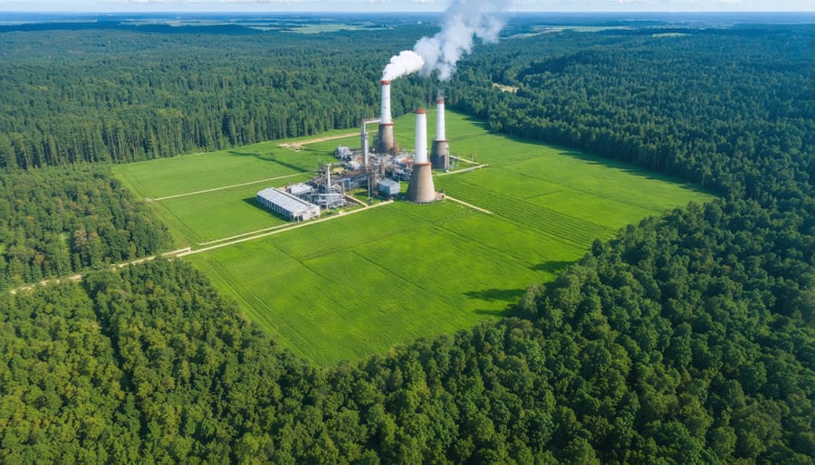 Sustainable biomass power plant amidst green forests, representing carbon neutrality