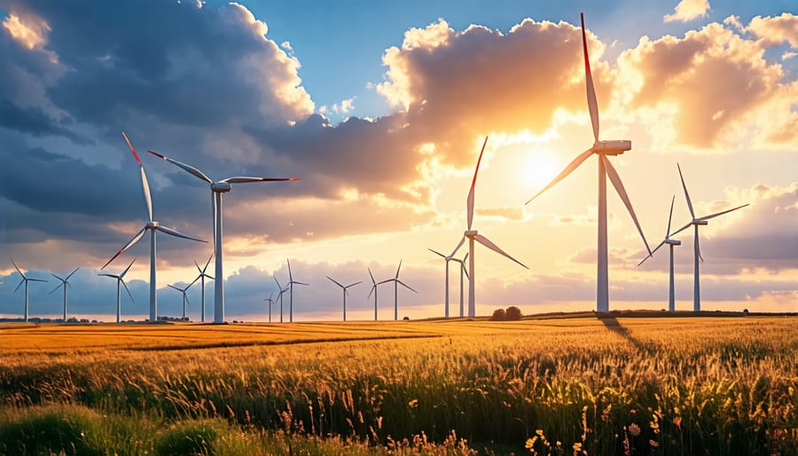 Wind farm with some turbines turning and others motionless, illustrating intermittent wind energy production