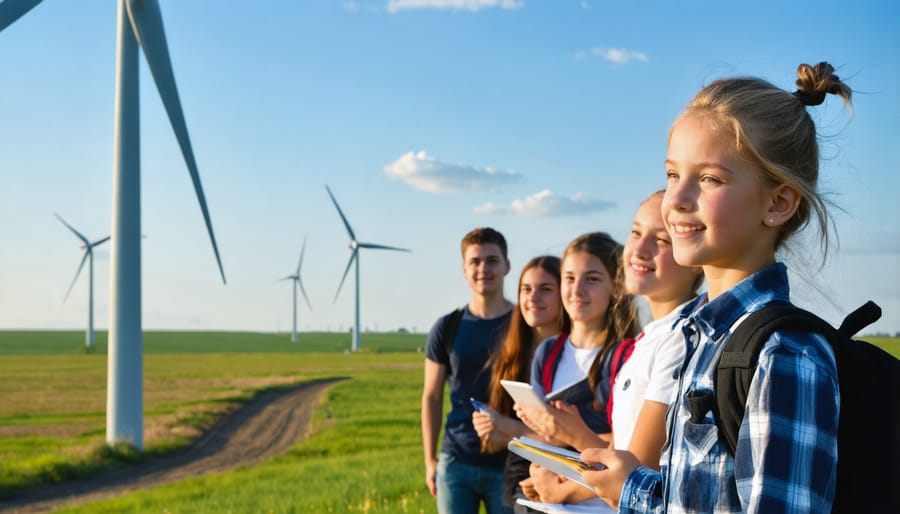 Students exploring a wind farm during an educational field trip