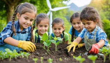 A diverse group of students engaging in hands-on sustainability projects, planting a garden in an outdoor classroom setting with wind turbines and solar panels in the backdrop.