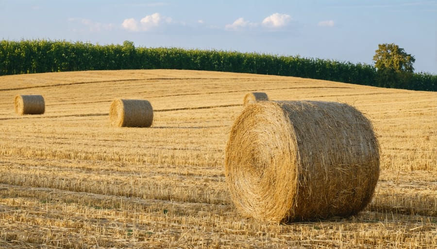 Round bales of agricultural waste biomass in a sunny field