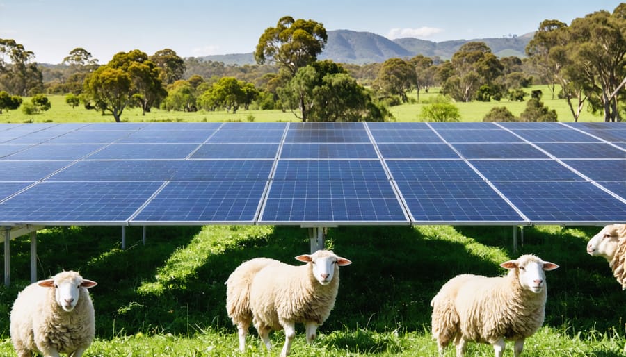 Conceptual representation of agrivoltaics with solar panels alongside agricultural fields and grazing sheep, symbolizing sustainable integration of renewable energy and agriculture.