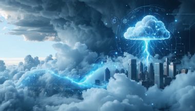 Conceptual illustration showing AI technology integrated with weather patterns, representing how artificial intelligence is transforming weather forecasting for a sustainable future.