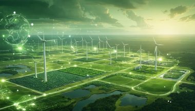 A conceptual illustration of Australia's bio-grid, showing bioenergy plants surrounded by agricultural waste, forestry residues, and energy crops, envisioning a sustainable and innovative energy landscape.