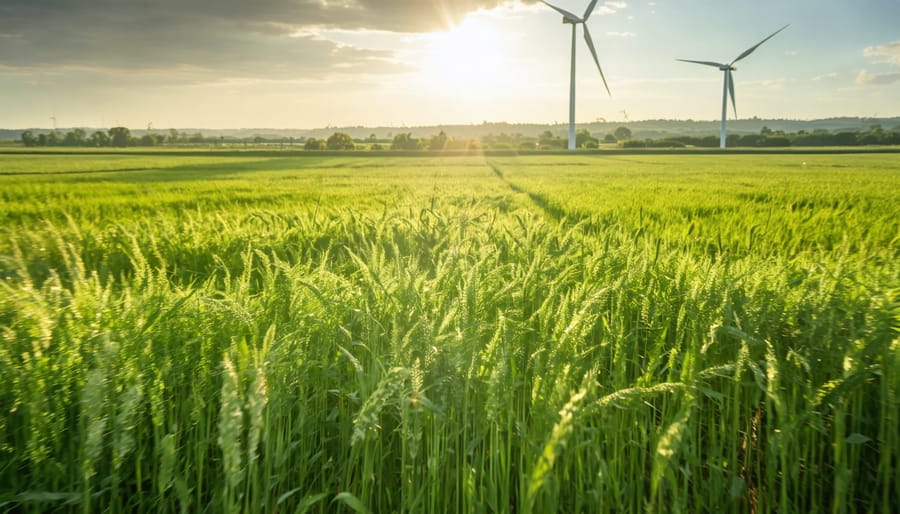 A field of diverse bioenergy crops, including switchgrass, miscanthus, and eucalyptus, thriving under a sunny sky, symbolizing renewable energy potential in Australia.