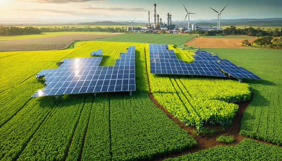 Conceptual illustration of Australia's bioenergy potential, blending agricultural fields with elements of renewable energy production to signify sustainable development.