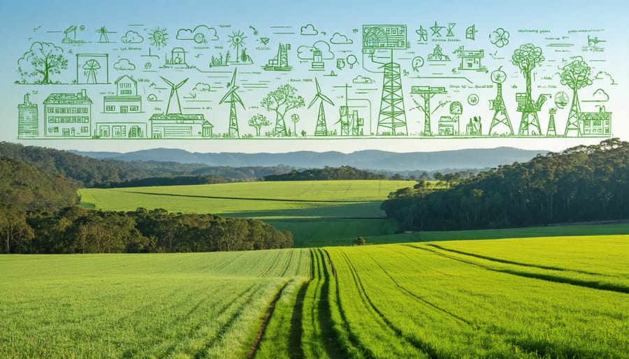 Scenic view of Australian countryside with agricultural fields and woodlands, overlaid with energy symbols representing the potential of bioenergy as a renewable energy source.