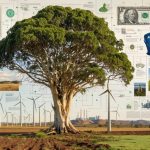 A collage depicting Australia's bioenergy potential, featuring a eucalyptus tree, organic materials like sugarcane and wood chips, Australian outback, biomass power plants, and wind turbines, highlighting the fusion of nature and renewable technology.