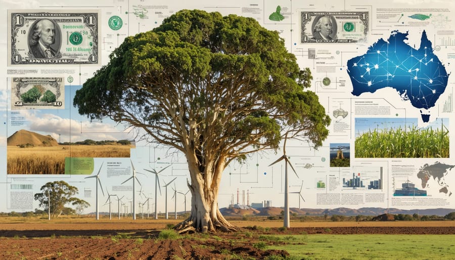 A collage depicting Australia's bioenergy potential, featuring a eucalyptus tree, organic materials like sugarcane and wood chips, Australian outback, biomass power plants, and wind turbines, highlighting the fusion of nature and renewable technology.