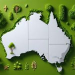 Illustration combining Australian bioenergy resources, including sugarcane, wood chips, and algae, alongside renewable energy symbols overlaid on a map of Australia, highlighting bioenergy's potential.