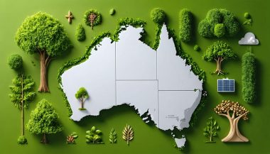 Illustration combining Australian bioenergy resources, including sugarcane, wood chips, and algae, alongside renewable energy symbols overlaid on a map of Australia, highlighting bioenergy's potential.