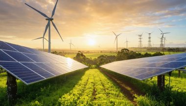 Scenic Australian landscape showcasing renewable energy installations like solar panels, wind turbines, and bioenergy plants, set against fields and forests with a rising sun symbolizing a sustainable future.