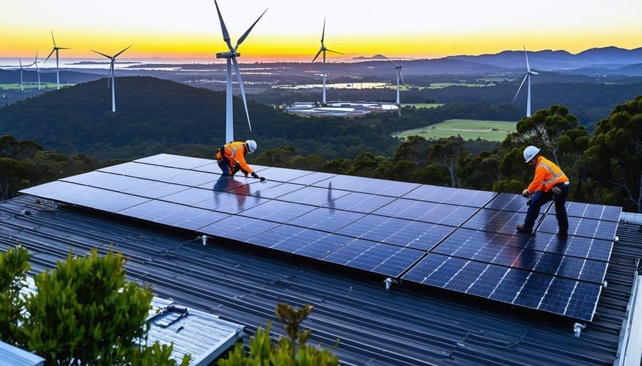 Workers installing solar panels with wind turbines and a bioenergy plant in the Australian landscape, symbolizing the transformative impact of renewable energy.