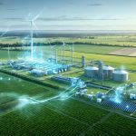 Scenic view of a bioenergy processing facility in rural Australia, symbolizing the transformation of organic waste into sustainable energy amid fields and farms.