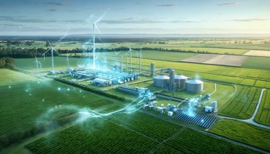 Scenic view of a bioenergy processing facility in rural Australia, symbolizing the transformation of organic waste into sustainable energy amid fields and farms.