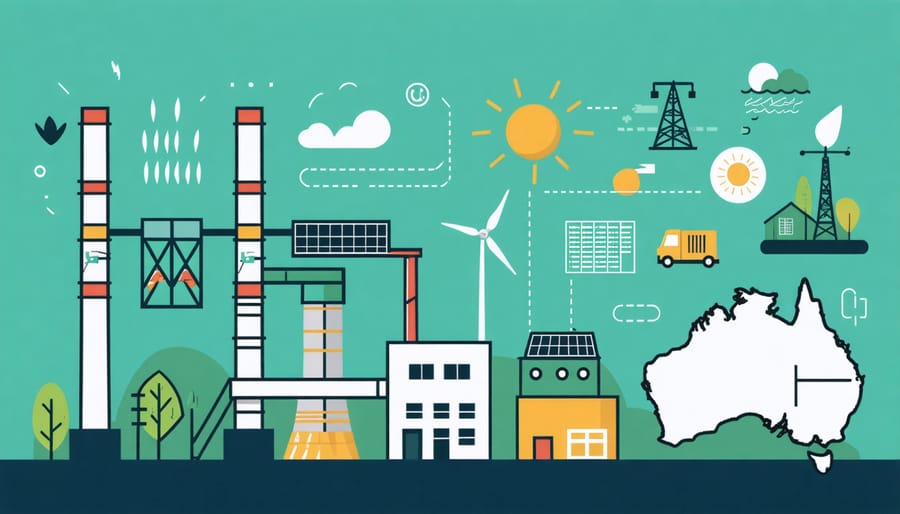 Illustration of an Australian bioenergy power plant with renewable energy symbols