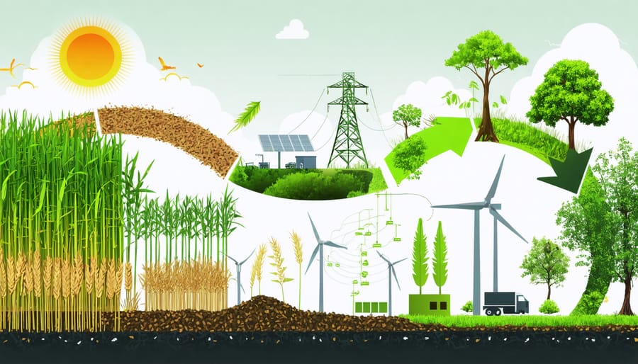 Conceptual illustration showing the transformation of Australian agricultural and forestry biomass into renewable energy, highlighting the carbon-neutral cycle and environmental benefits.