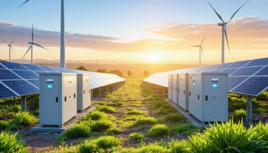 A visual representation of battery storage systems harmoniously integrated into the Australian landscape, alongside solar panels and wind turbines, illustrating the blend of technology and nature in the energy revolution.