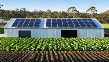 A depiction of an Australian farm with solar panels on barn roofs and advanced irrigation systems, symbolizing the integration of renewable energy in agriculture.