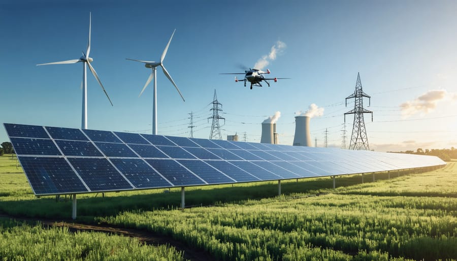 A visionary futuristic Australian landscape depicting advanced renewable energy technologies, including efficient solar panels, airborne wind turbines, and modern biomass power plants, all interconnected through smart grid and IoT technology.