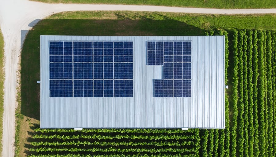 Aerial photograph of an Australian farm with solar panels installed on large agricultural buildings