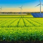 A panoramic view of Australian farmland with energy crops, wind turbines, and solar panels, symbolizing the future of bioenergy and renewable energy solutions.