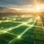 Illustration depicting Australia's transition to sustainable energy through biomass, featuring agricultural fields, forests, and energy plants interconnected by glowing streams of energy under a sunlit sky.