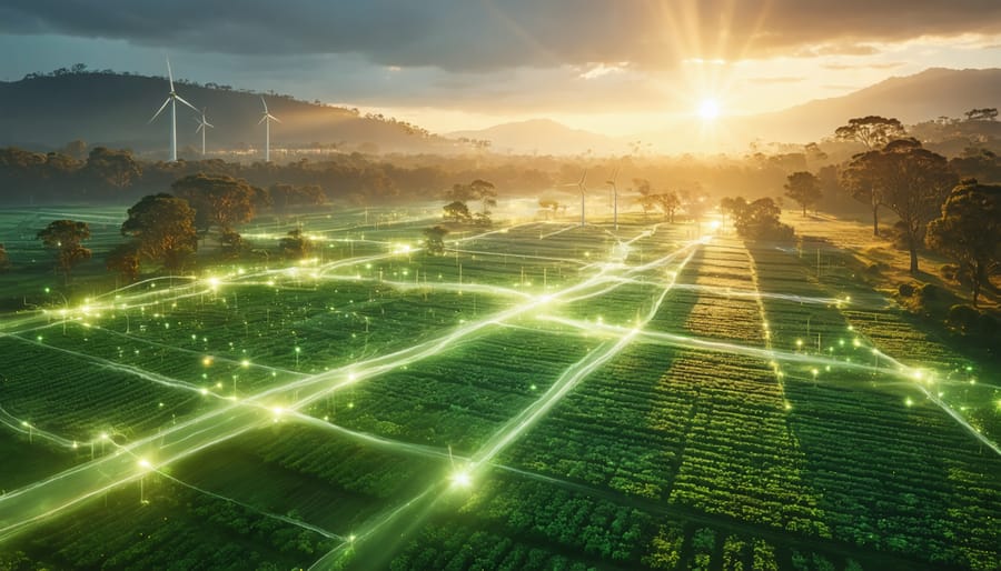 Illustration depicting Australia's transition to sustainable energy through biomass, featuring agricultural fields, forests, and energy plants interconnected by glowing streams of energy under a sunlit sky.