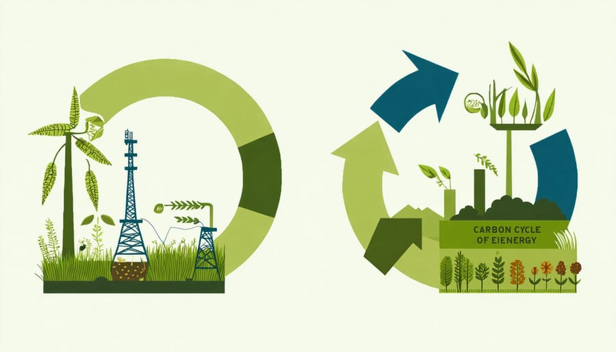 Diagram contrasting the sustainable carbon cycle of bioenergy with the carbon-emitting cycle of fossil fuels