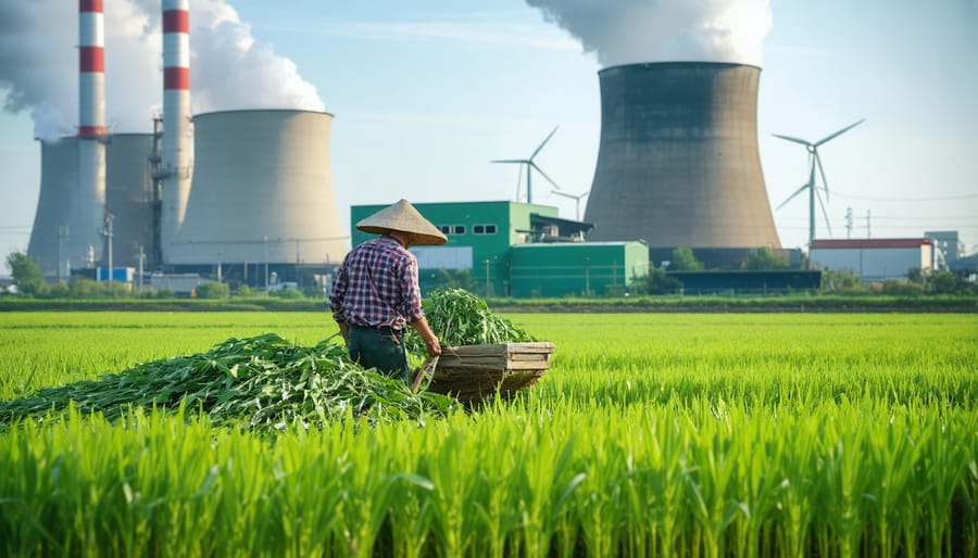 Farmer harvesting biomass crops with a bioenergy plant in the background