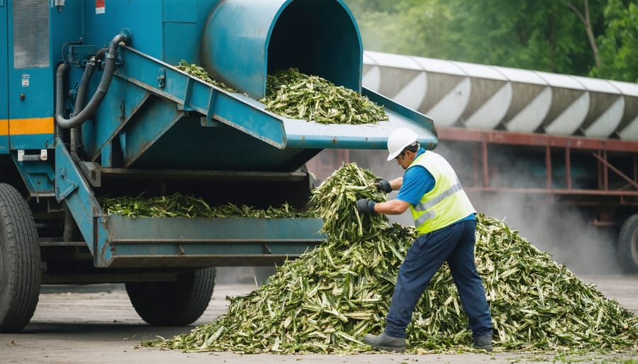 Worker feeding biomass into a bioenergy processing machine