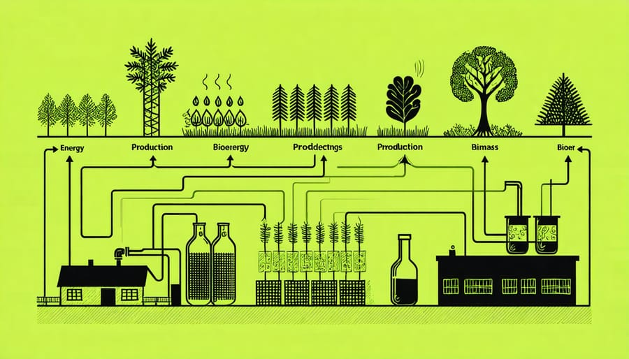 Diagram showing the steps in converting biomass to usable energy