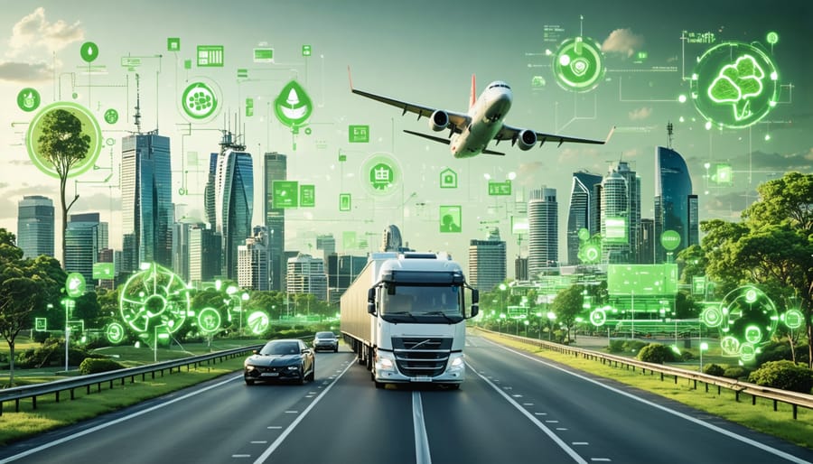 Dynamic cityscape illustrating the integration of bioenergy in Australian transport, featuring biofuel cars, biomethane trucks, and biofuel-powered aircraft in a sustainable future scenario.