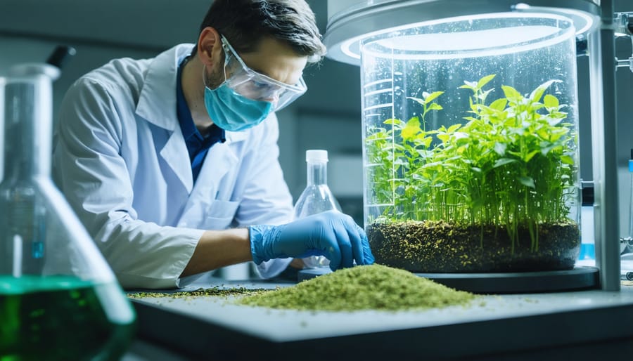 Technician analyzing biomass samples for bioenergy production