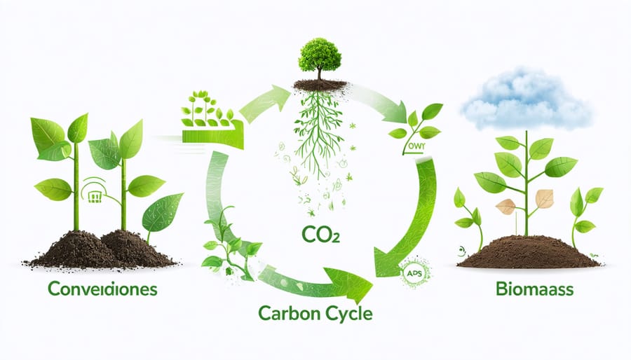 Diagram showing how plants absorb CO2, store carbon, and release it when used for biomass energy