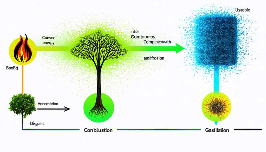 Diagram of biomass conversion technologies: combustion, gasification, and anaerobic digestion