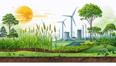 Conceptual illustration depicting Australia's sustainable future powered by biomass energy, showcasing energy crops, modern biomass power plants, and environmental symbols like trees absorbing CO2.