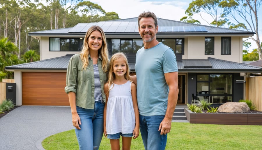 A happy Australian family in front of their sustainable, biomass-powered house