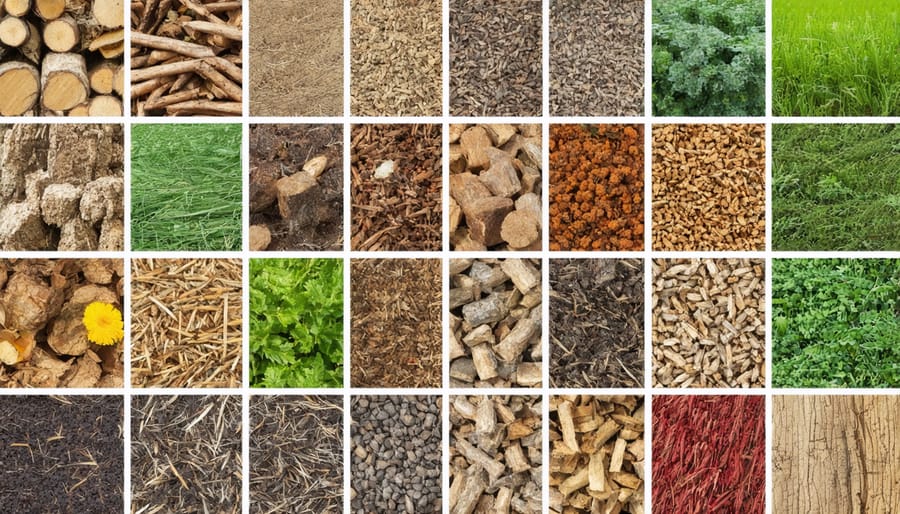 Collage illustrating diverse sources of biomass for energy production