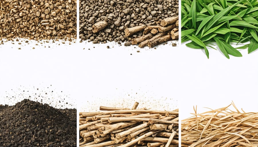 Collage depicting different types of biomass sources used for bioenergy production