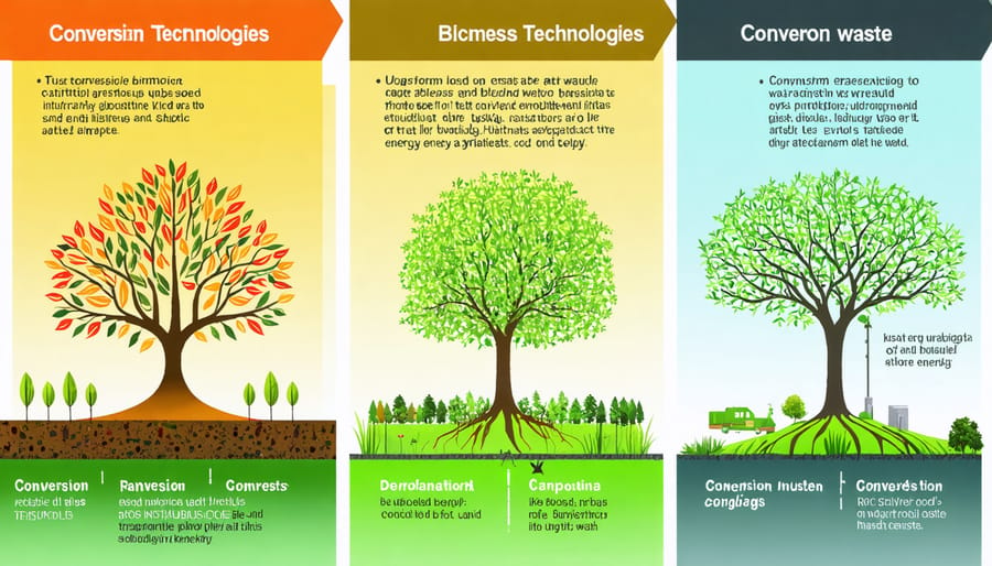 Diagram of biomass and waste conversion technologies, including combustion, gasification, and anaerobic digestion